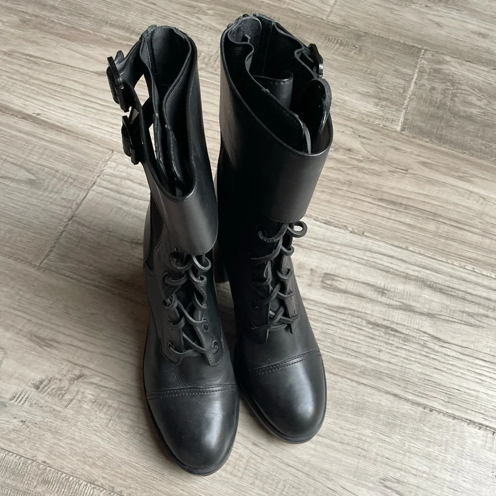 Tory Burch Black Broome Combat Boots Leather Lace Up With Ankle Strap SZ 10.5